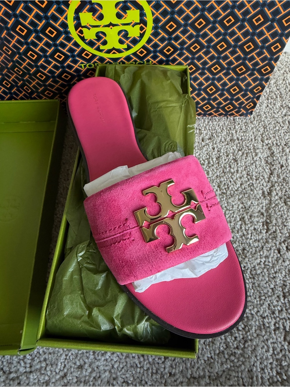 Tory Burch Everly Slide Suede Sandals Fuchsia Pink Size 10